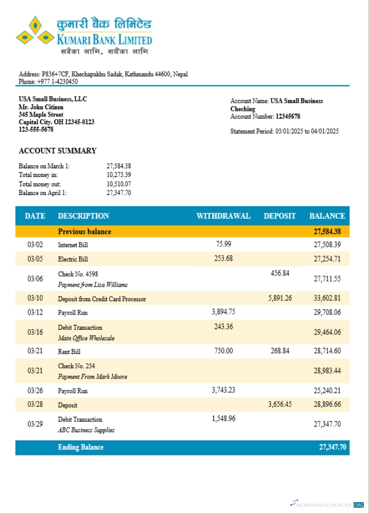 Download Nepal Kumari business account statement Word and PDF template (1) Photoshop template